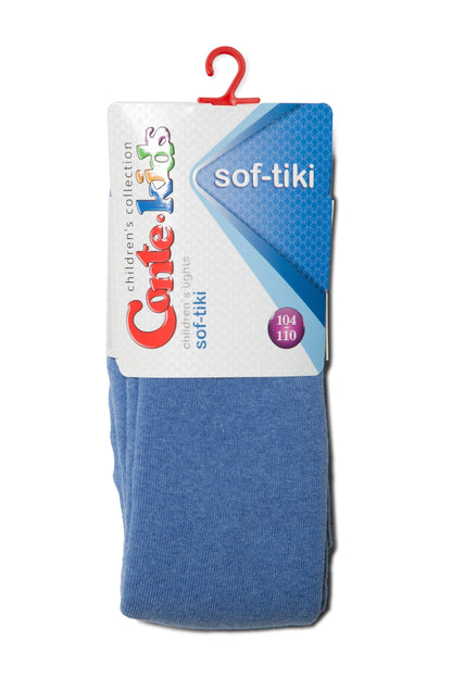 A pair of blue children's tights folded in branded cardboard packaging with a red plastic hanger hook.