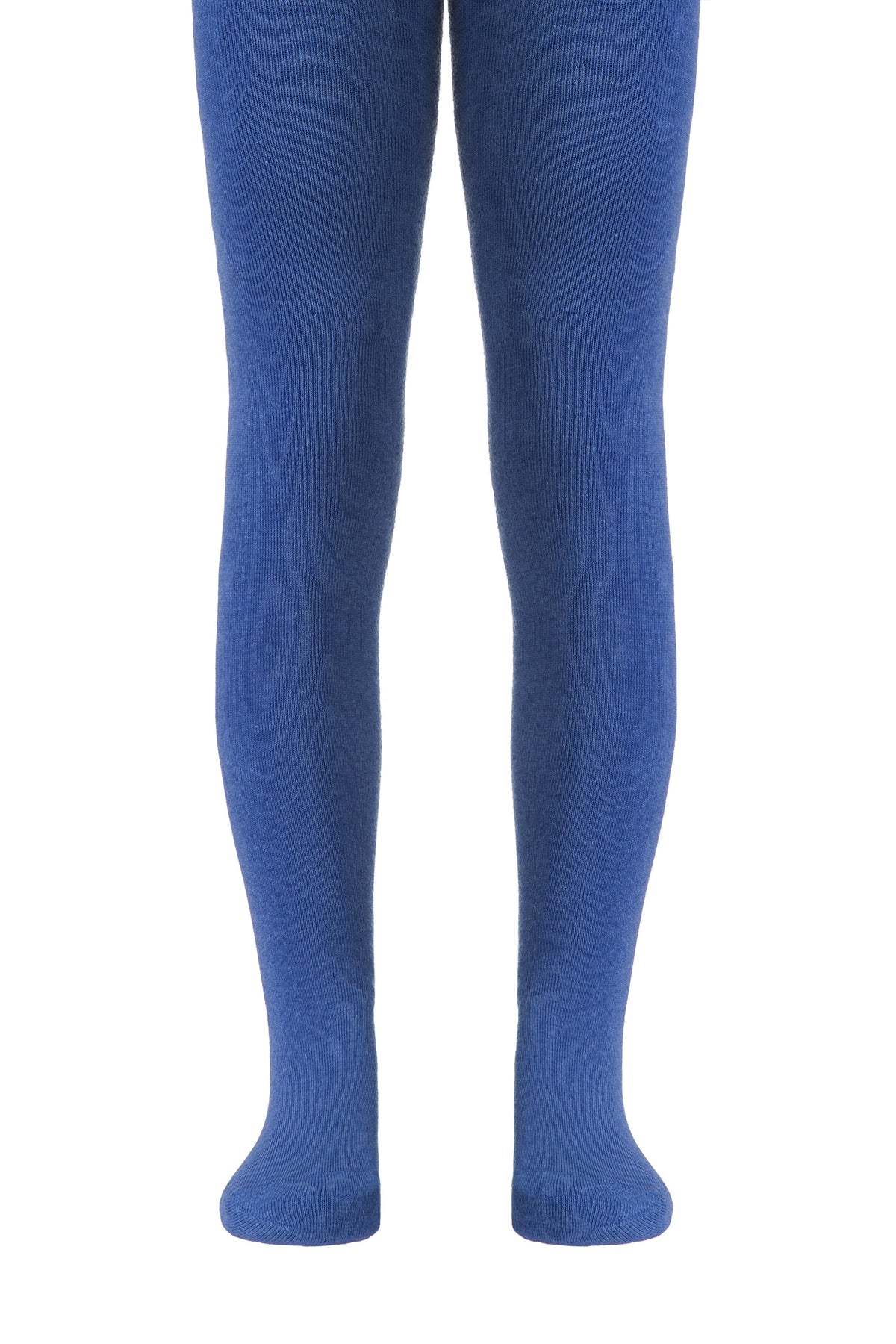 A pair of solid blue ribbed tights for children, shown on a white background.