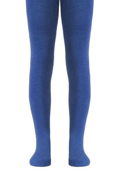 A pair of solid blue ribbed tights for children, shown on a white background.
