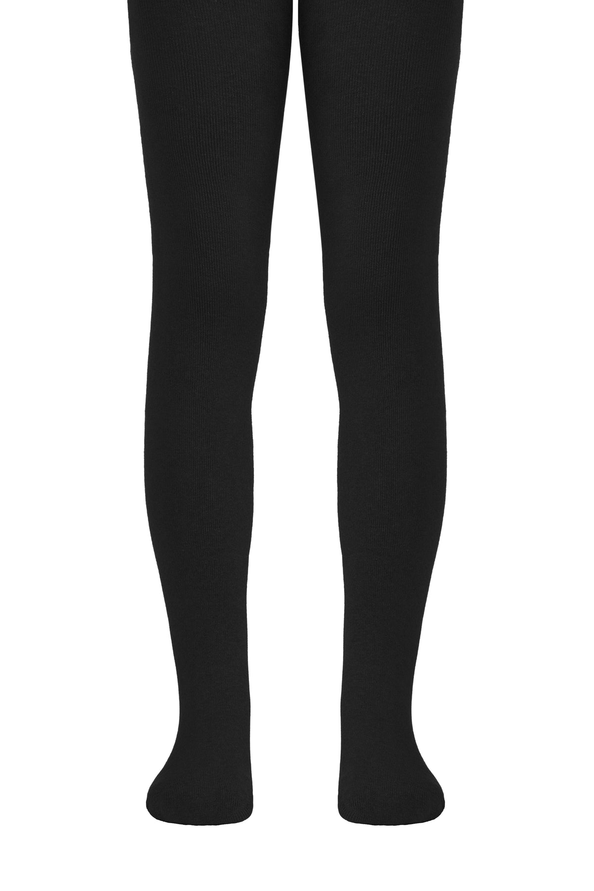 A pair of opaque black ribbed tights worn on a model against a plain white background.