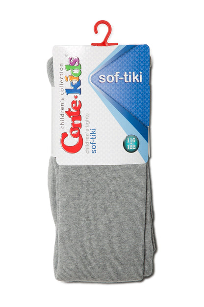 A pair of grey children's tights packaged with a branded cardboard hanger featuring a blue geometric pattern and size labels.