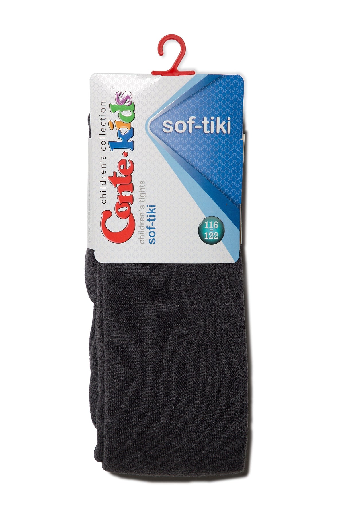 A pair of charcoal gray children's tights packaged in a cardboard hanger with blue and white branding visible at the top.