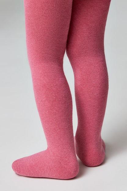 A pair of children's ribbed tights in a solid pink colour shown from the back against a plain white background.