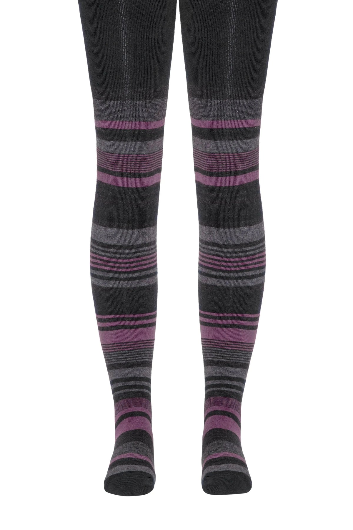 Striped tights in shades of grey, charcoal, and purple featuring alternating thick and thin horizontal bands against a plain white background.