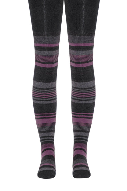 Striped tights in shades of grey, charcoal, and purple featuring alternating thick and thin horizontal bands against a plain white background.