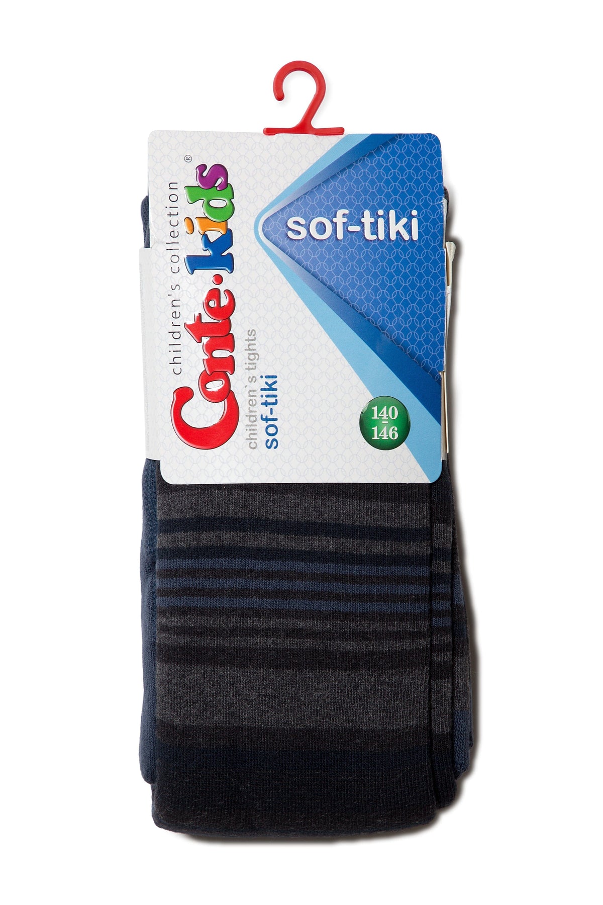 A pair of folded dark blue and grey striped children's tights hang from a red plastic hook against a white background.