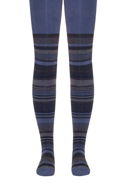 A pair of opaque tights featuring horizontal stripes in shades of blue, grey, and black against a white background.