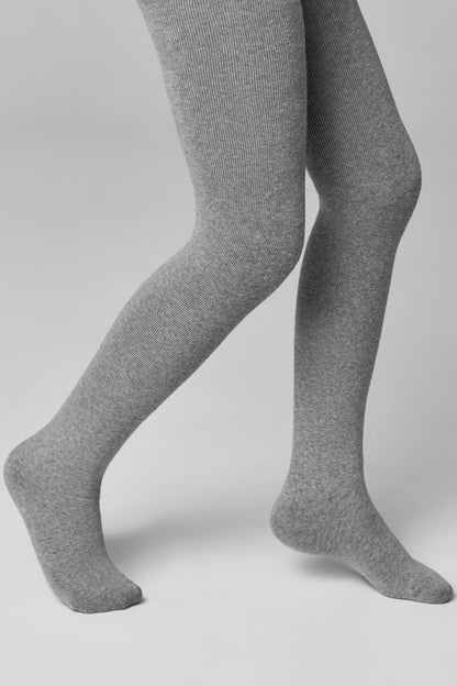 Gray ribbed knit tights worn on legs, shown from the side against a neutral background.
