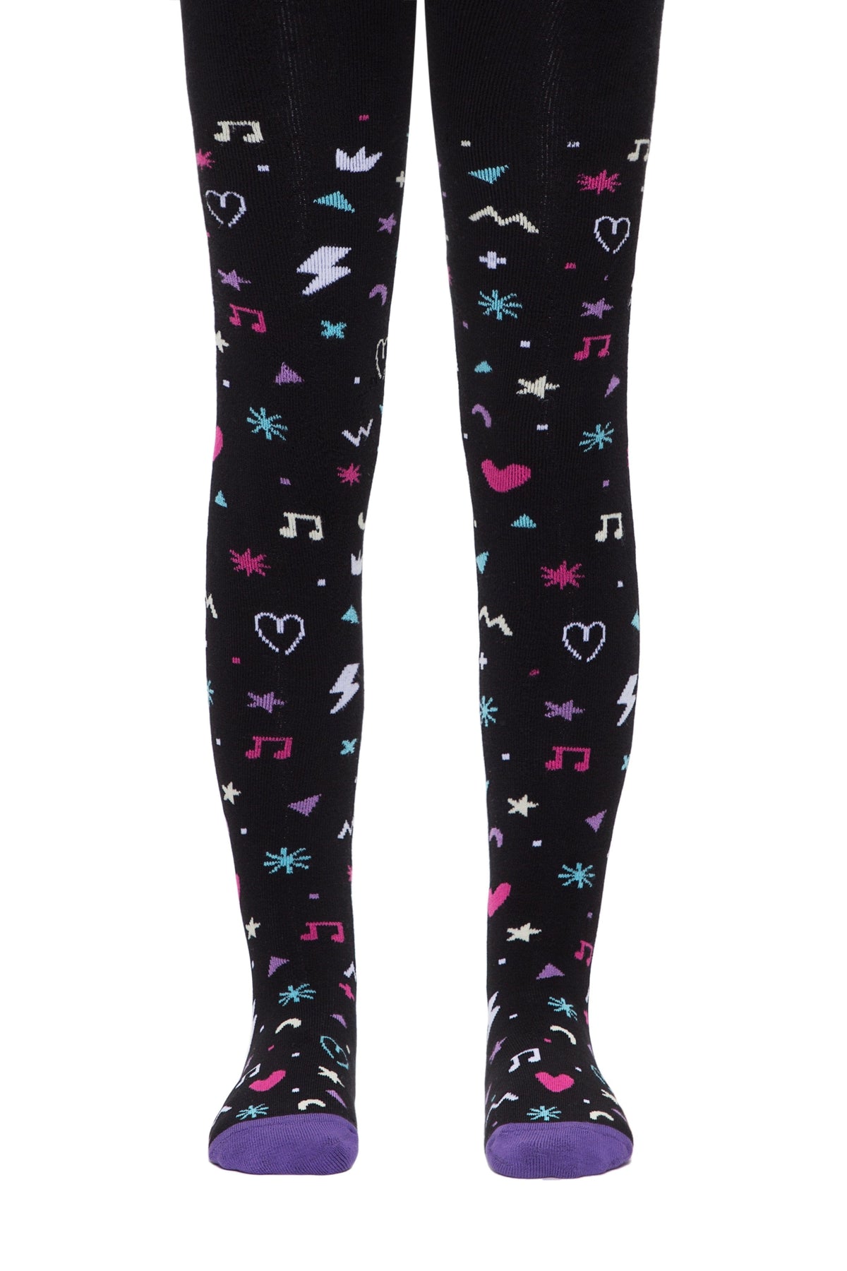Black tights patterned with small, colorful music notes, hearts, stars, lightning bolts, and abstract geometric shapes.