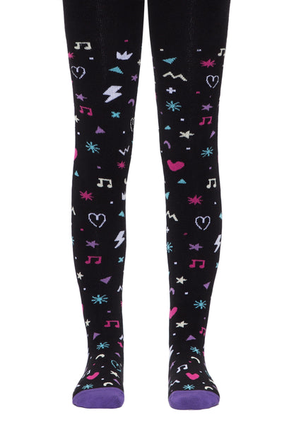 Black tights patterned with small, colorful music notes, hearts, stars, lightning bolts, and abstract geometric shapes.