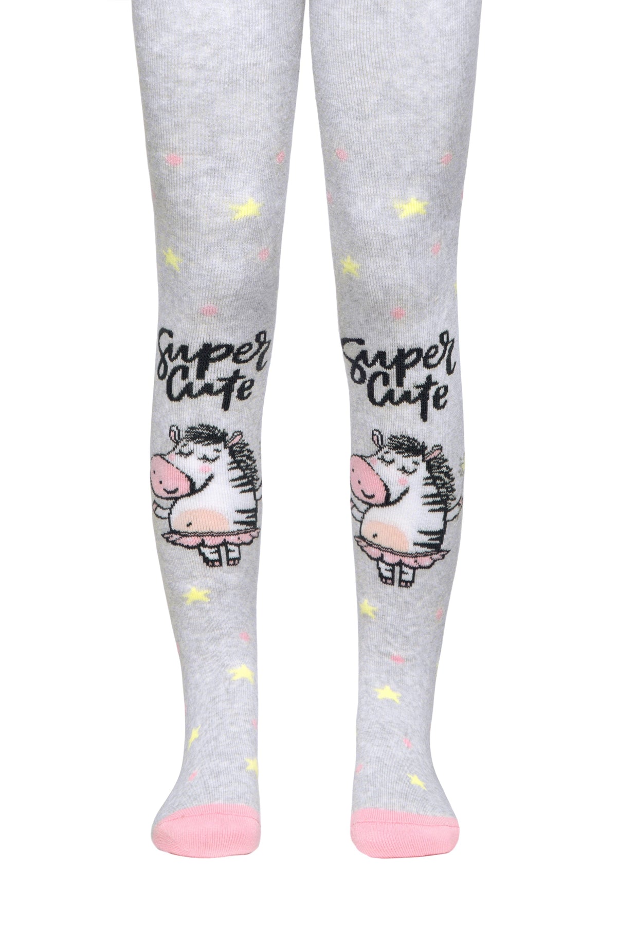 Light grey children's tights featuring a repeating pattern of yellow and pink stars, with a graphic of a smiling zebra in a tutu and the words Super Cute printed on each leg.