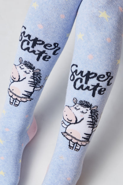 Light blue tights patterned with yellow stars, pink dots, and cartoon zebras wearing tutus, featuring the text Super Cute printed in black script.