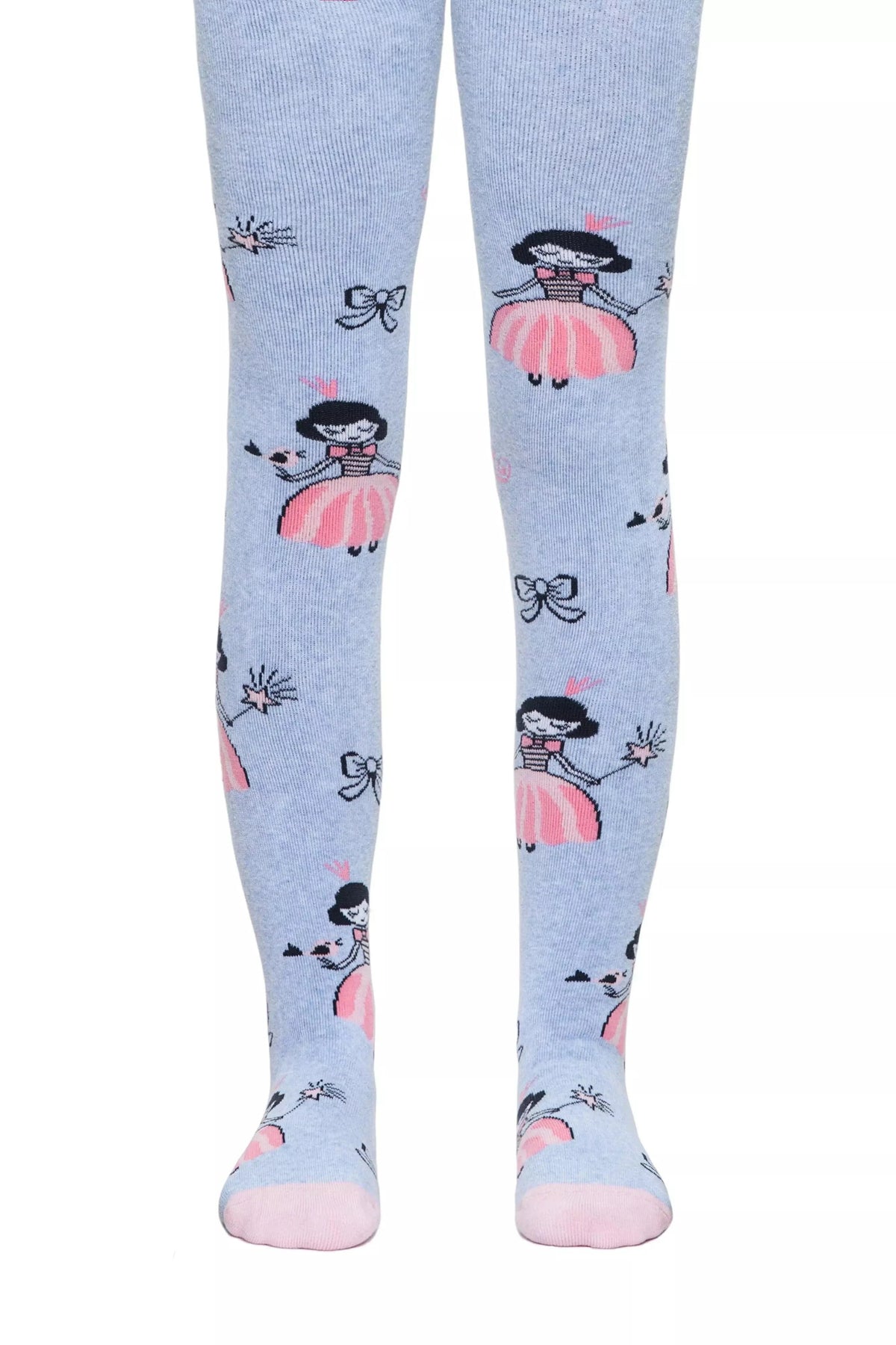 Light blue children's tights featuring a repetitive pattern of cartoon fairies in pink dresses and small bows against a solid light blue background.