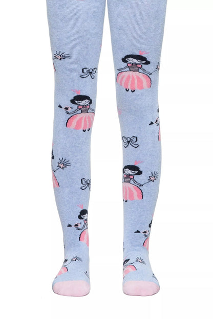 Light blue children's tights featuring a repetitive pattern of cartoon fairies in pink dresses and small bows against a solid light blue background.