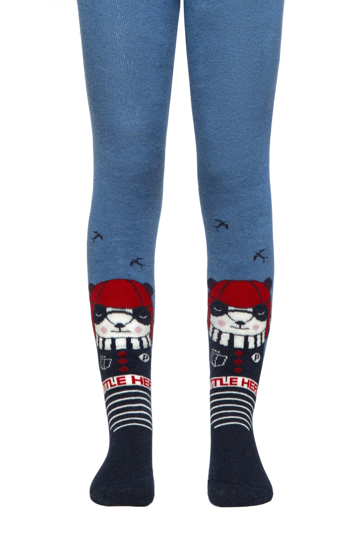Blue children's tights featuring a cartoon panda character wearing a red hat and scarf on each shin, with small bird silhouettes above.