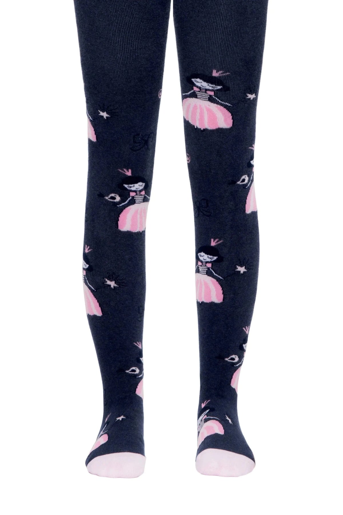 Navy blue tights featuring a repeating pattern of cartoon ballerinas with pink dresses and small white stars.
