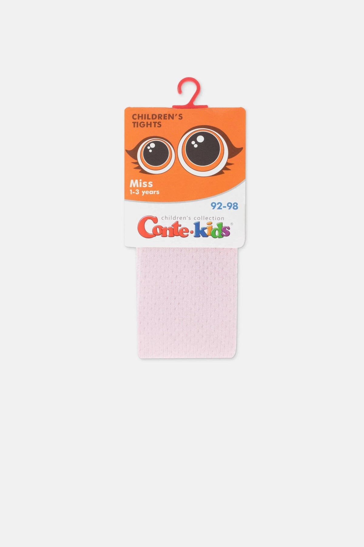 A pair of pale pink children's tights hanging from a plastic hanger, with an orange product tag featuring large cartoon eyes and the brand name displayed above the folded garment.