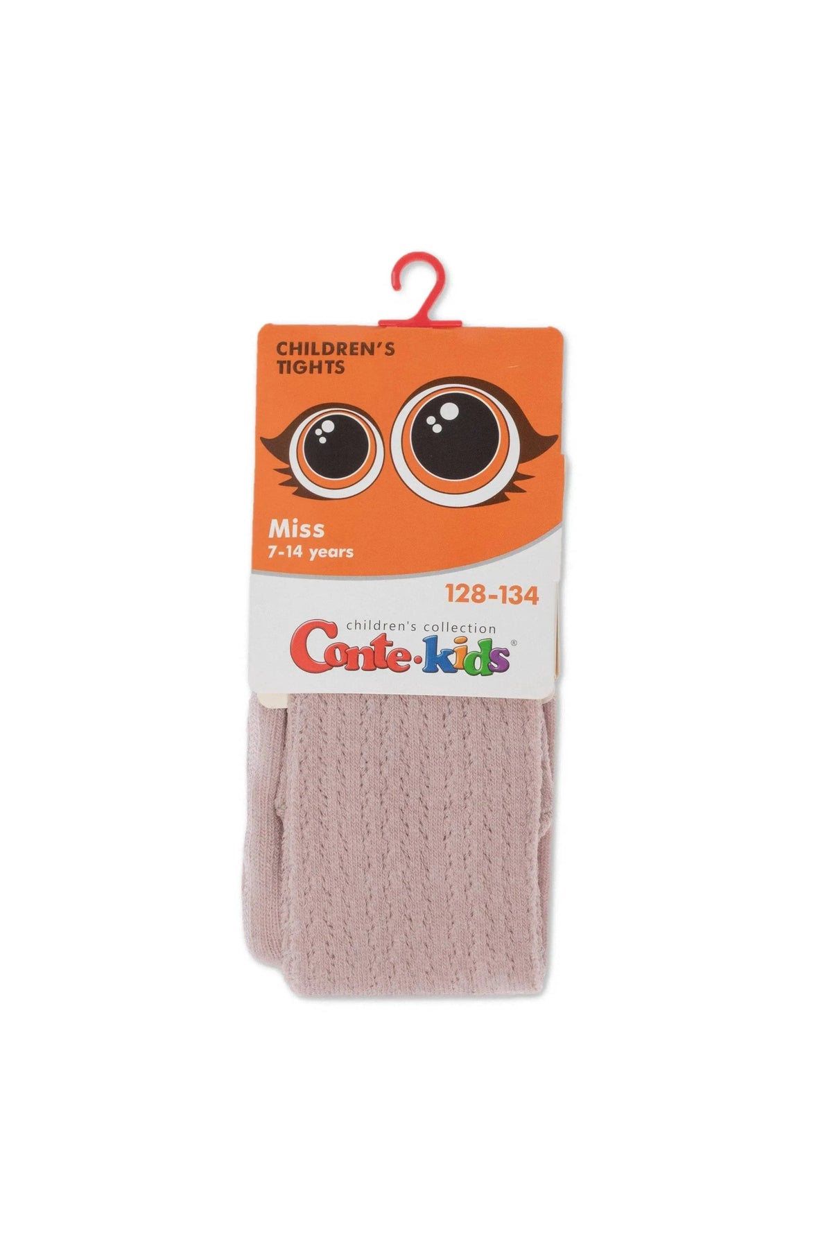 A pair of folded light pink patterned children's tights with a branded cardboard hanger showing cartoon eyes and text.