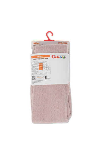 A pair of folded, dusty pink children's tights with a small textured pattern, displayed with a hanging tag showing size information.