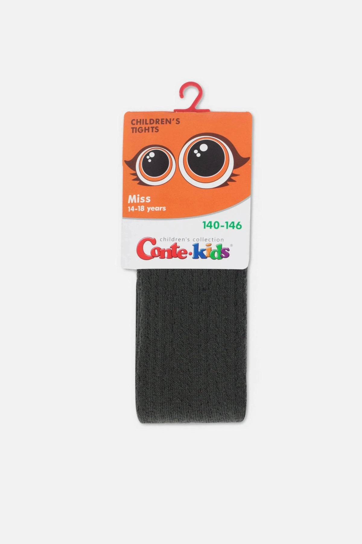 A pair of folded dark grey children's tights on a hanger with a bright orange header card featuring large cartoon eyes and the brand name Conte-kids.