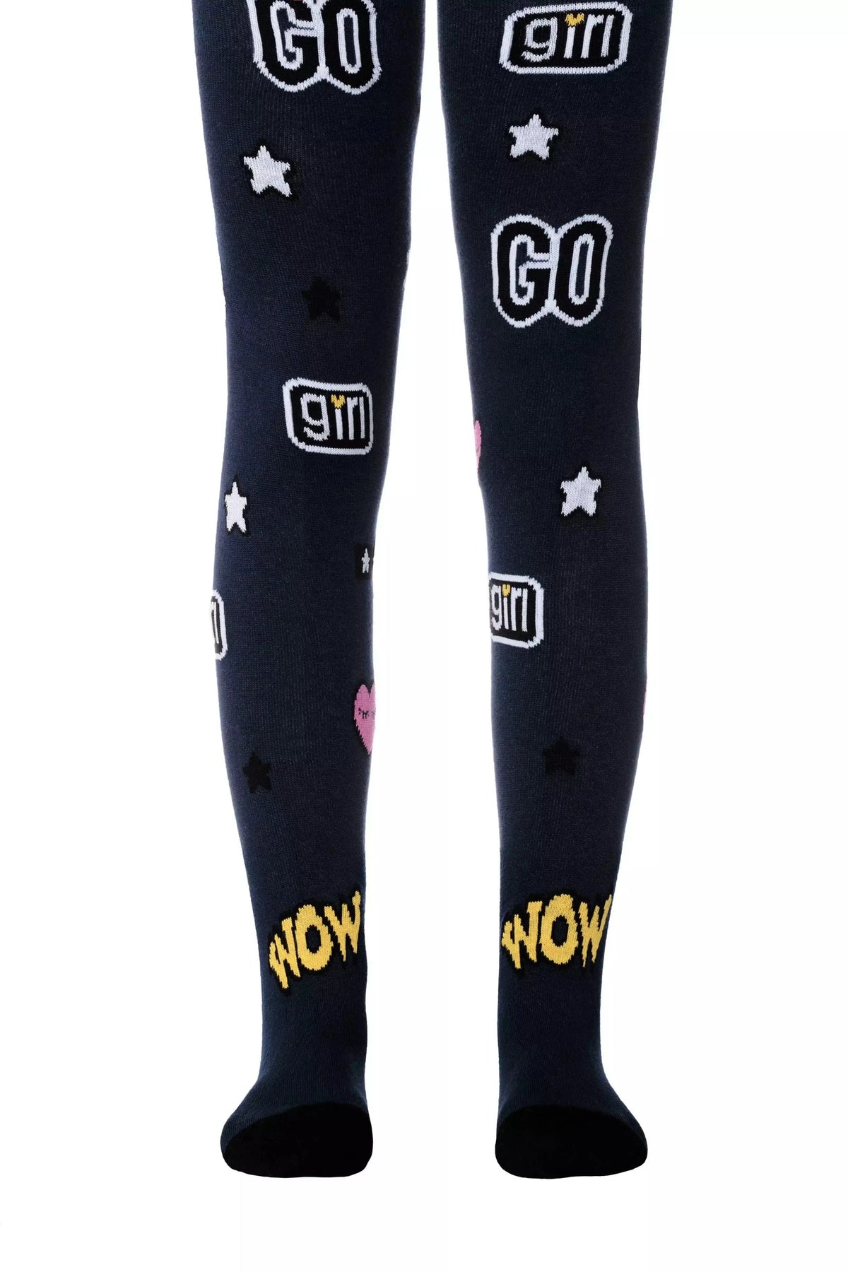 Navy blue tights feature a repeating pattern of white and black GO and girl text boxes, white stars, and small pink hearts, with large yellow WOW text near the ankles.