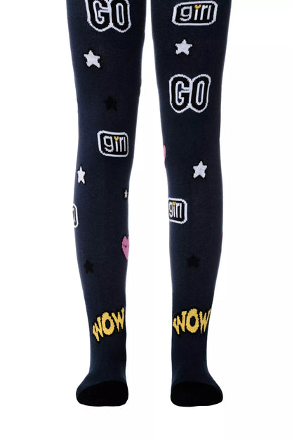 Navy blue tights feature a repeating pattern of white and black GO and girl text boxes, white stars, and small pink hearts, with large yellow WOW text near the ankles.