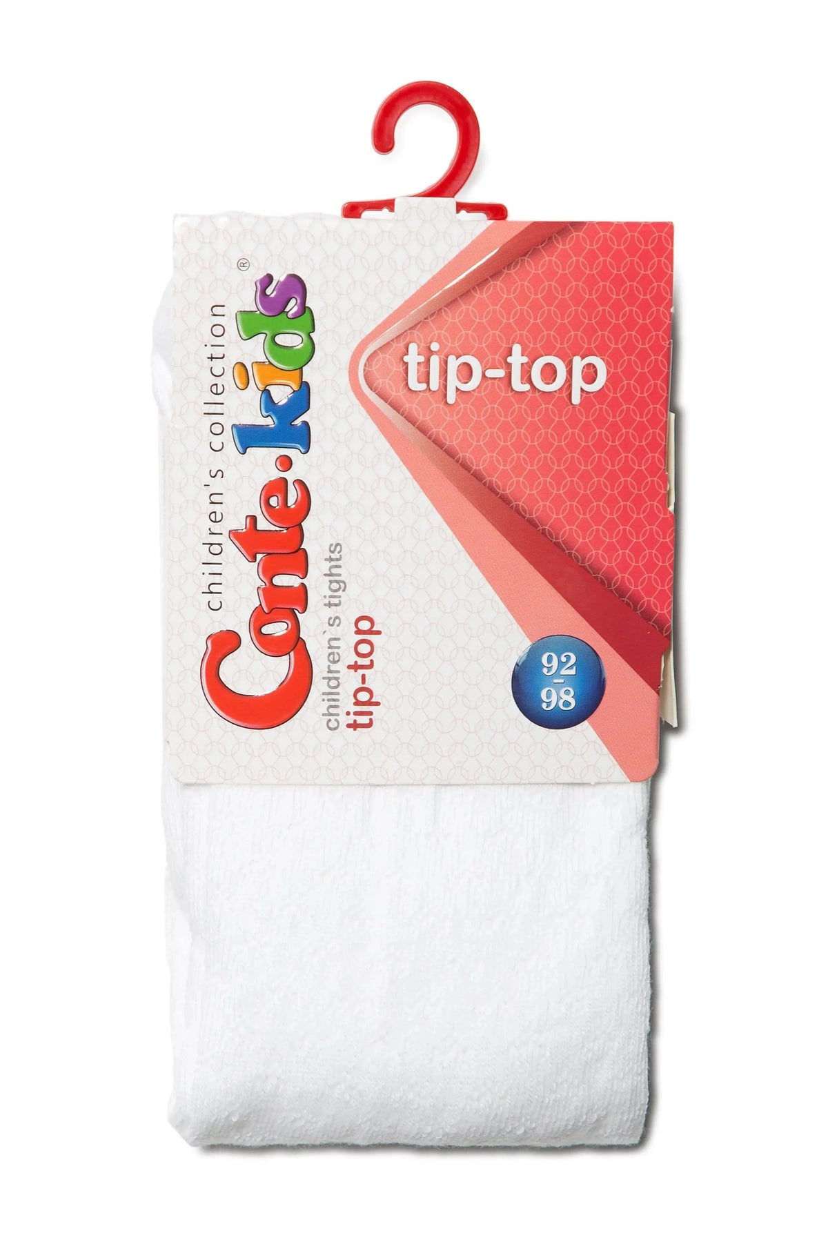A pair of folded white children's tights with a red and white branded header card attached by a red plastic hanger.