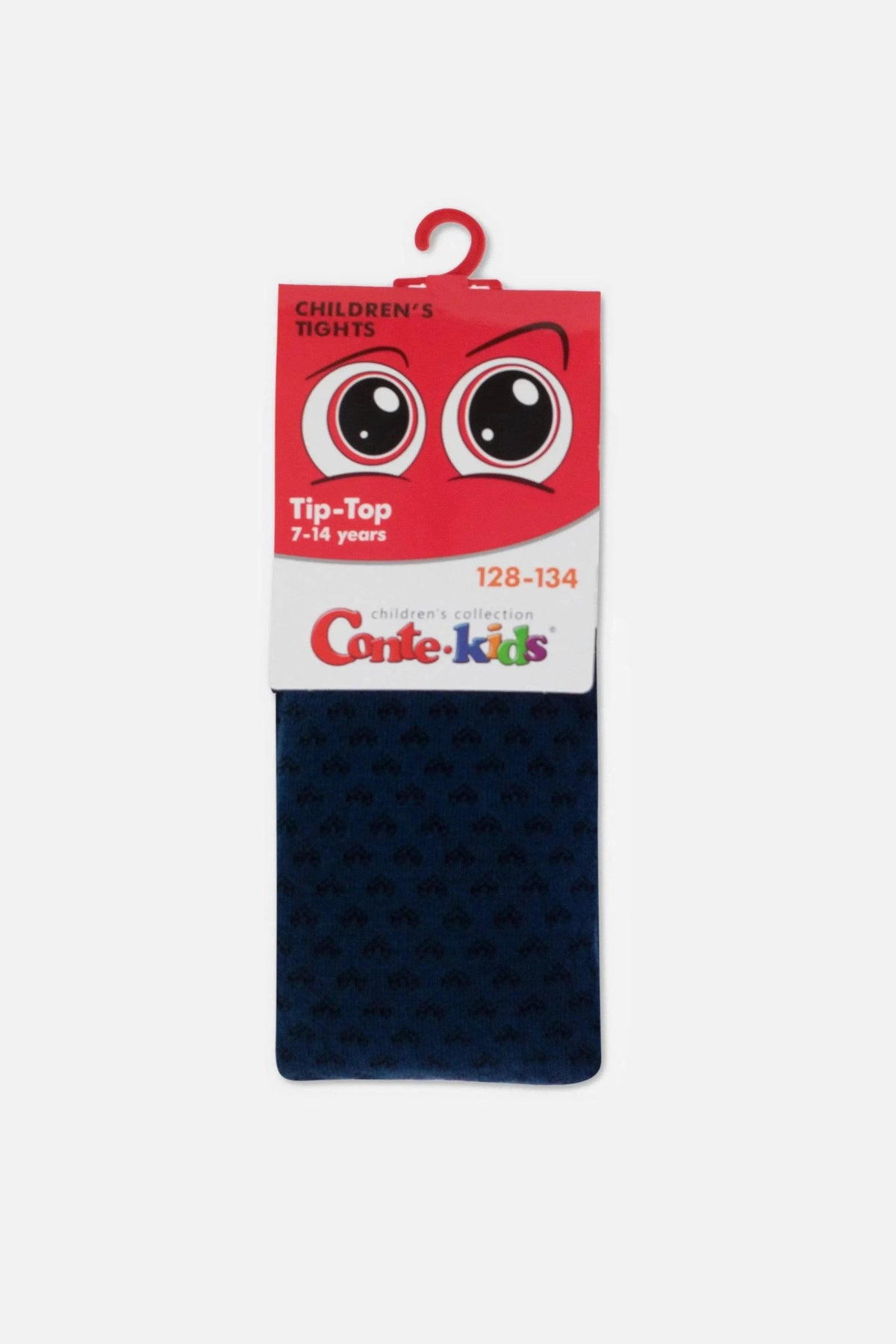A pair of navy blue children's tights with a small repeating heart pattern, packaged with a red cardboard header featuring cartoon eyes and the text Tip-Top 7-14 years.