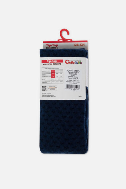 A pair of folded dark blue children's tights with a subtle textured pattern hanging from a red plastic hook with a product information label attached to the front.