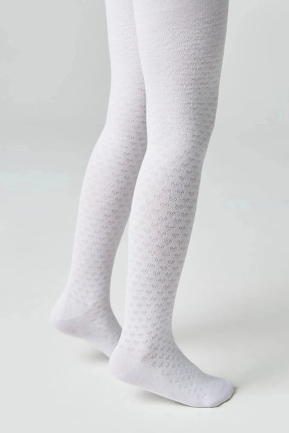 A pair of white tights for a child feature a repeating subtle heart pattern throughout against a plain light gray background.