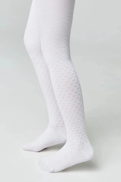 White tights for children featuring a textured, repeating heart pattern on the legs and solid white heels and toes.