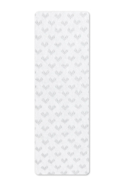 A rectangular, white knitted fabric strip featuring an repeating pattern of small, light grey hearts.