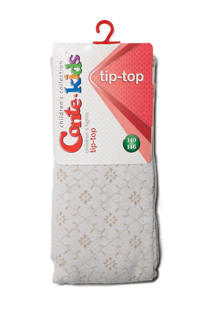 A pair of folded off-white children's tights with a subtle diamond pattern, attached to a branded cardboard display tag with a red plastic hanger.
