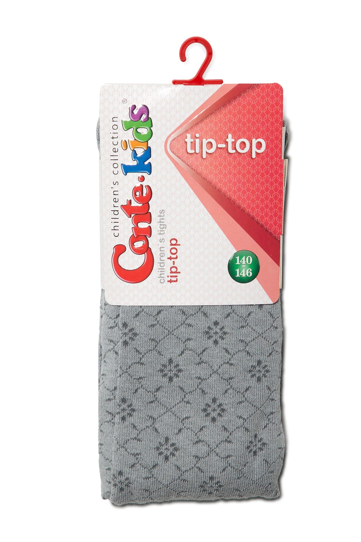 Grey children's tights with a repeating diamond and floral pattern packaged on a branded cardboard hanger.