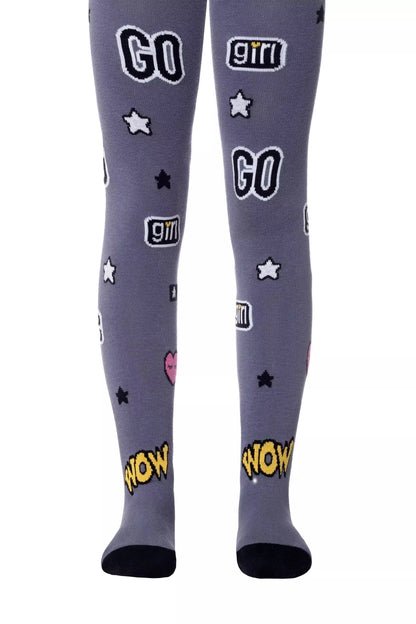 Grey tights featuring an all-over pattern of white and black 'GO' and 'girl' text patches, small star icons, a pink heart, and yellow 'WOW' text near the cuffs.