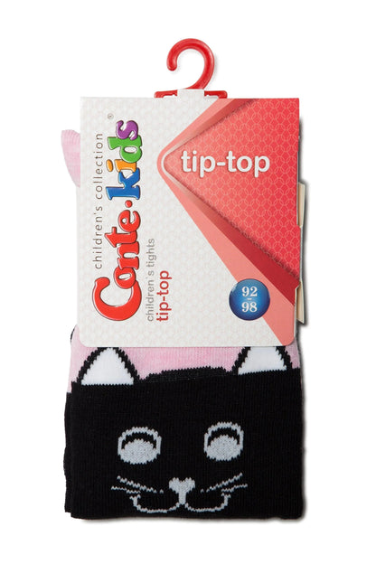 A pair of children's tights packaged on a cardboard display featuring a black and pink cat face design with ears at the top.
