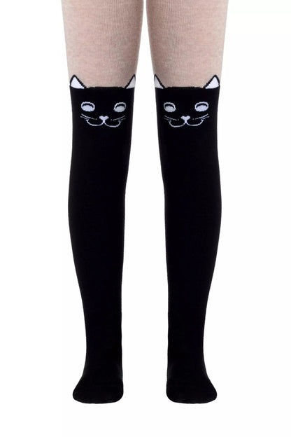 These over-the-knee stockings feature a black lower section with a white embroidered cat face design at the thigh and a solid light beige upper section.