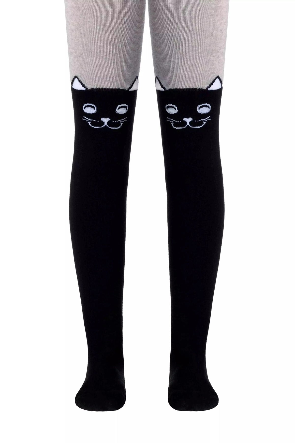 A pair of opaque black thigh-high tights with white cat face designs on the knees, extending into a grey upper section.