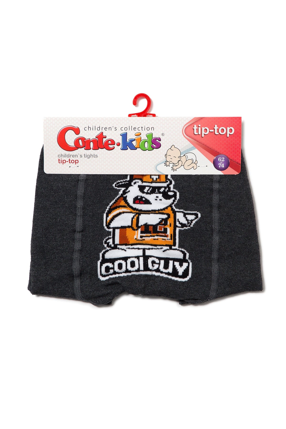 Dark grey children's tights featuring a graphic of a cartoon bear wearing sunglasses and an orange shirt with the text COOL GUY centered on a white hanger display tag.