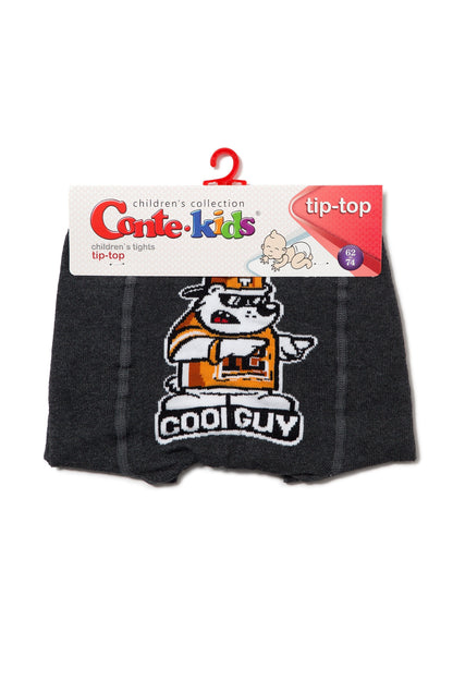 Dark grey children's tights featuring a graphic of a cartoon bear wearing sunglasses and an orange shirt with the text COOL GUY centered on a white hanger display tag.