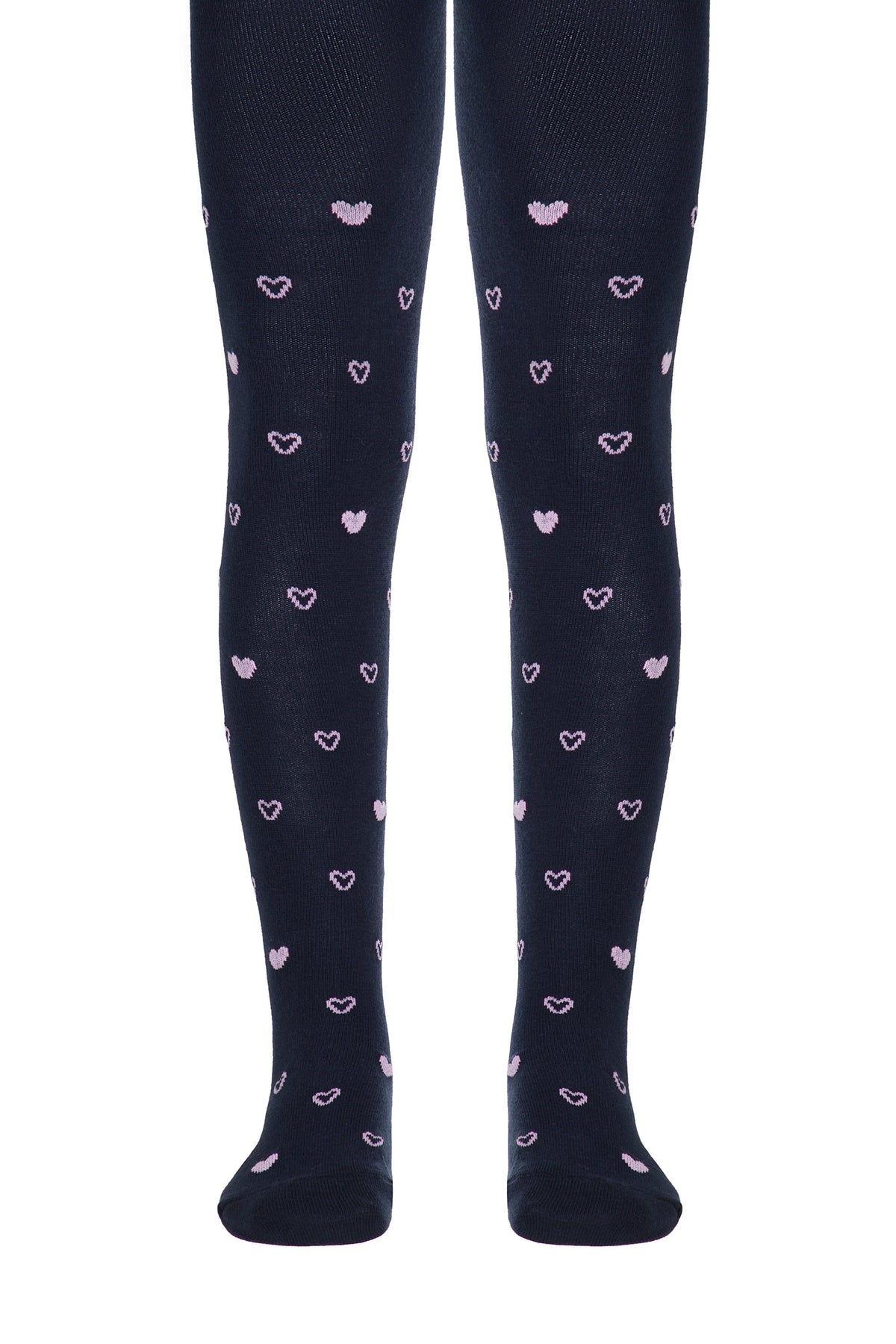 Dark navy blue tights patterned with small, repeating pink heart outlines worn on a pair of legs against a white background.