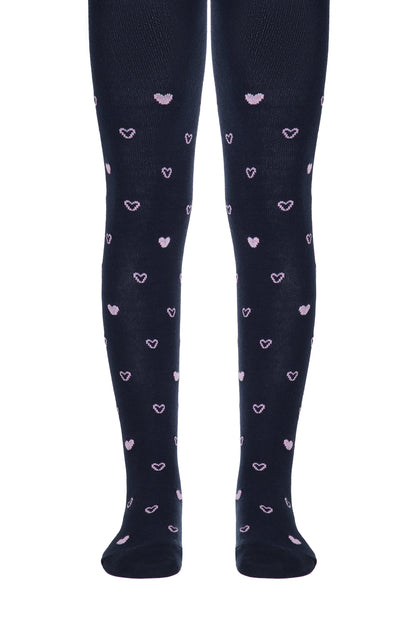 Dark navy blue tights patterned with small, repeating pink heart outlines worn on a pair of legs against a white background.