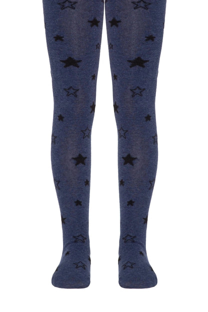 Blue tights featuring a pattern of solid and outlined black stars worn on legs against a plain white background.