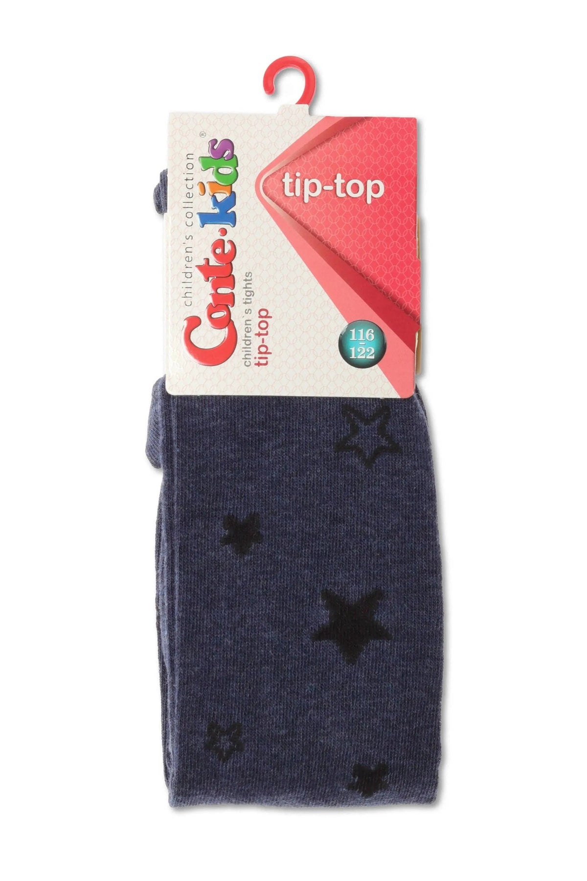 Dark blue children's tights featuring a repeating pattern of small black stars, displayed on a cardboard hanger with a red hook.