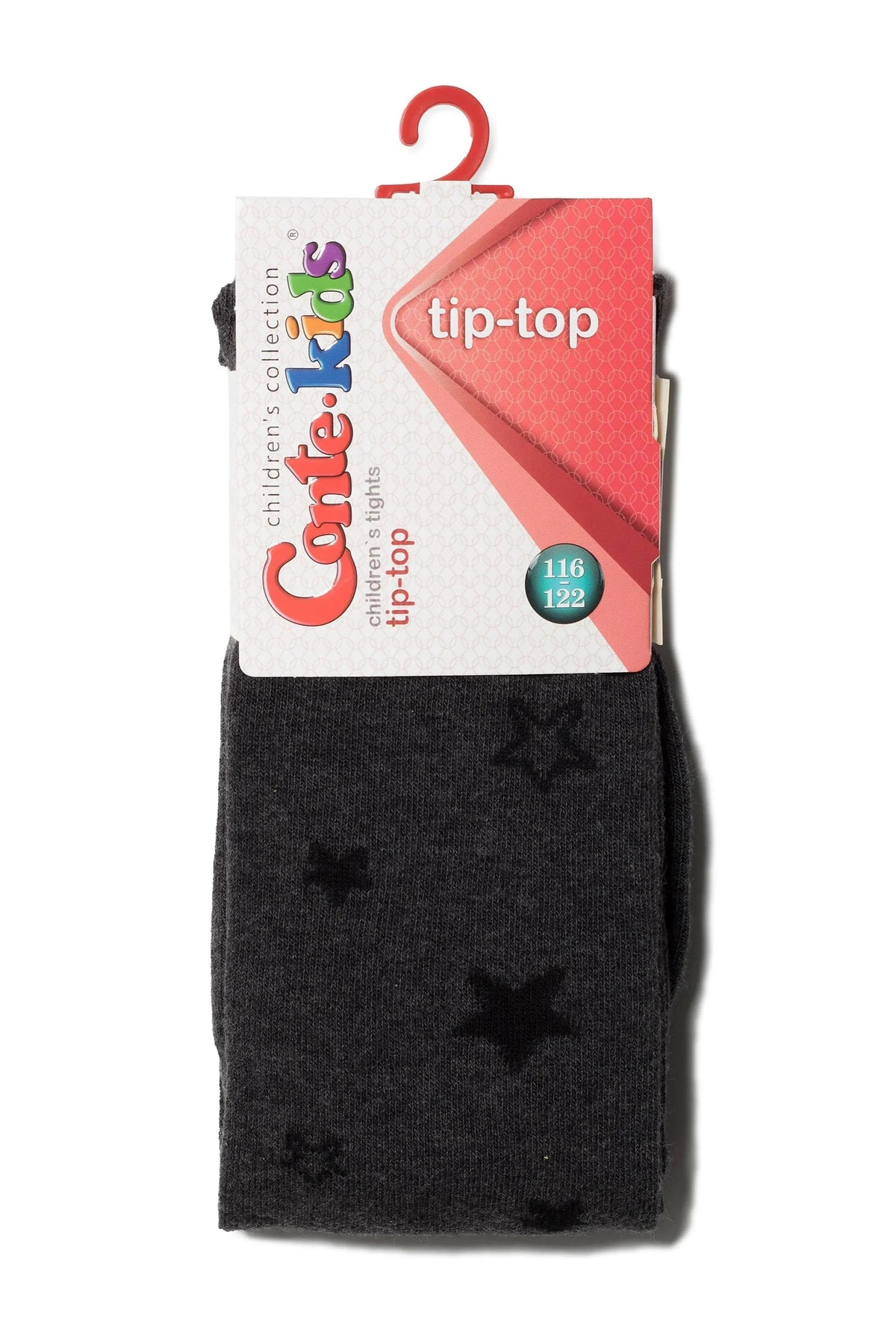 Dark grey children's tights featuring an all-over star pattern, packaged with a branded cardboard hanger.