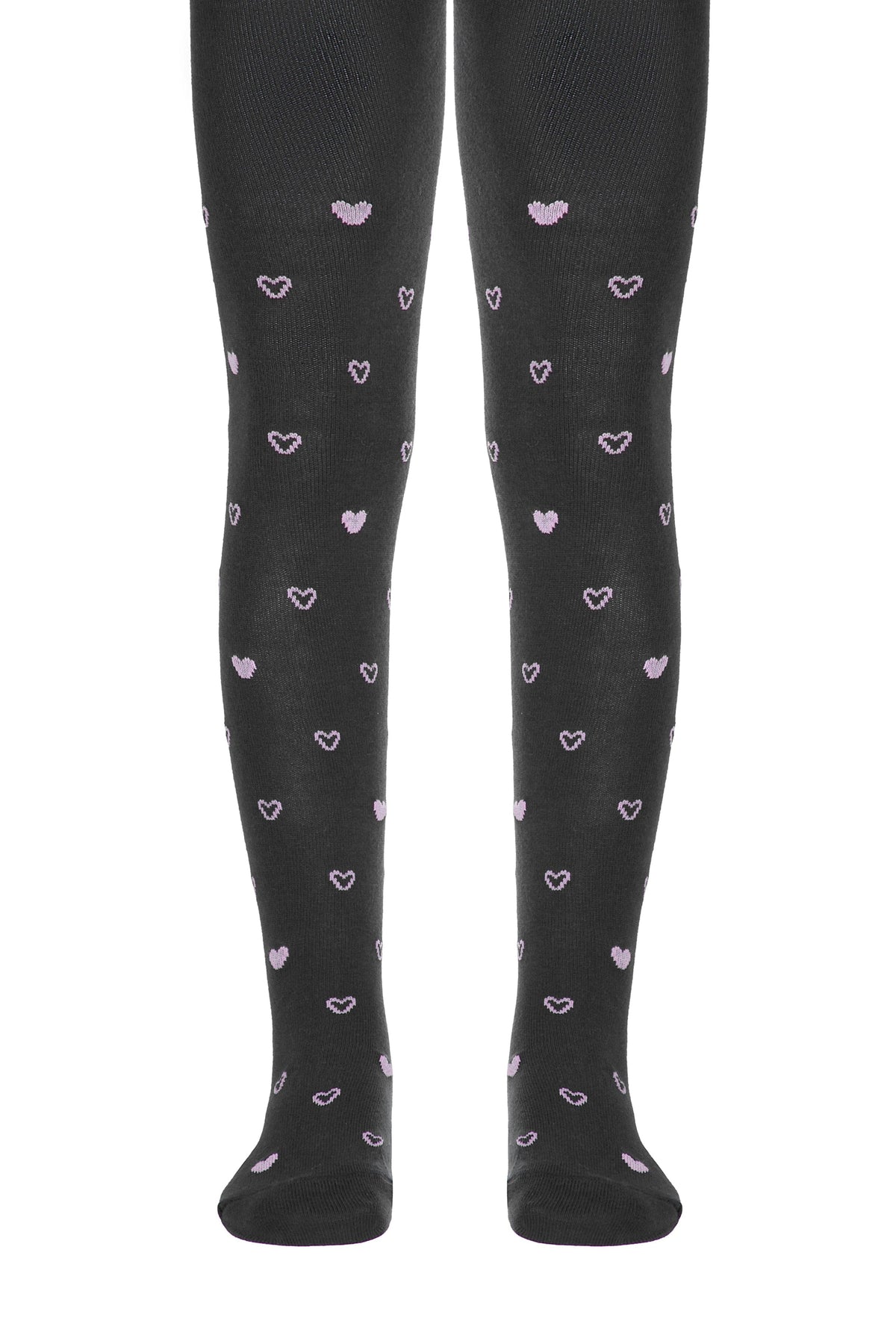 Black tights decorated with a repeating pattern of small, light pink pixelated heart shapes.