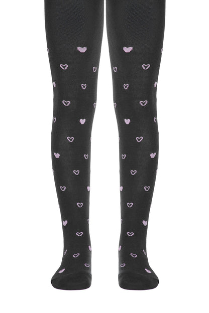 Black tights decorated with a repeating pattern of small, light pink pixelated heart shapes.