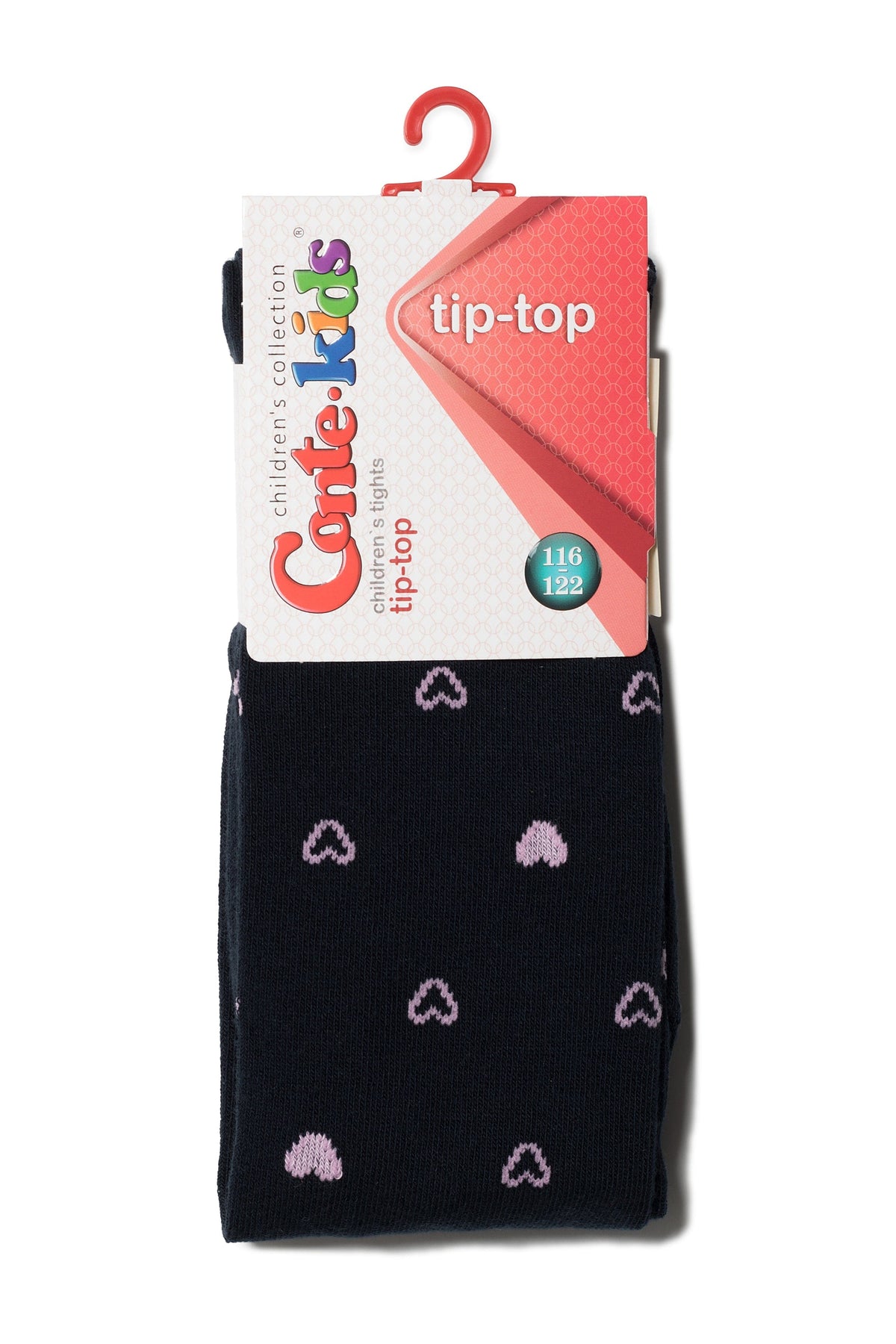 Dark blue children's tights with a repeating pattern of light pink hearts on a hanging display card.