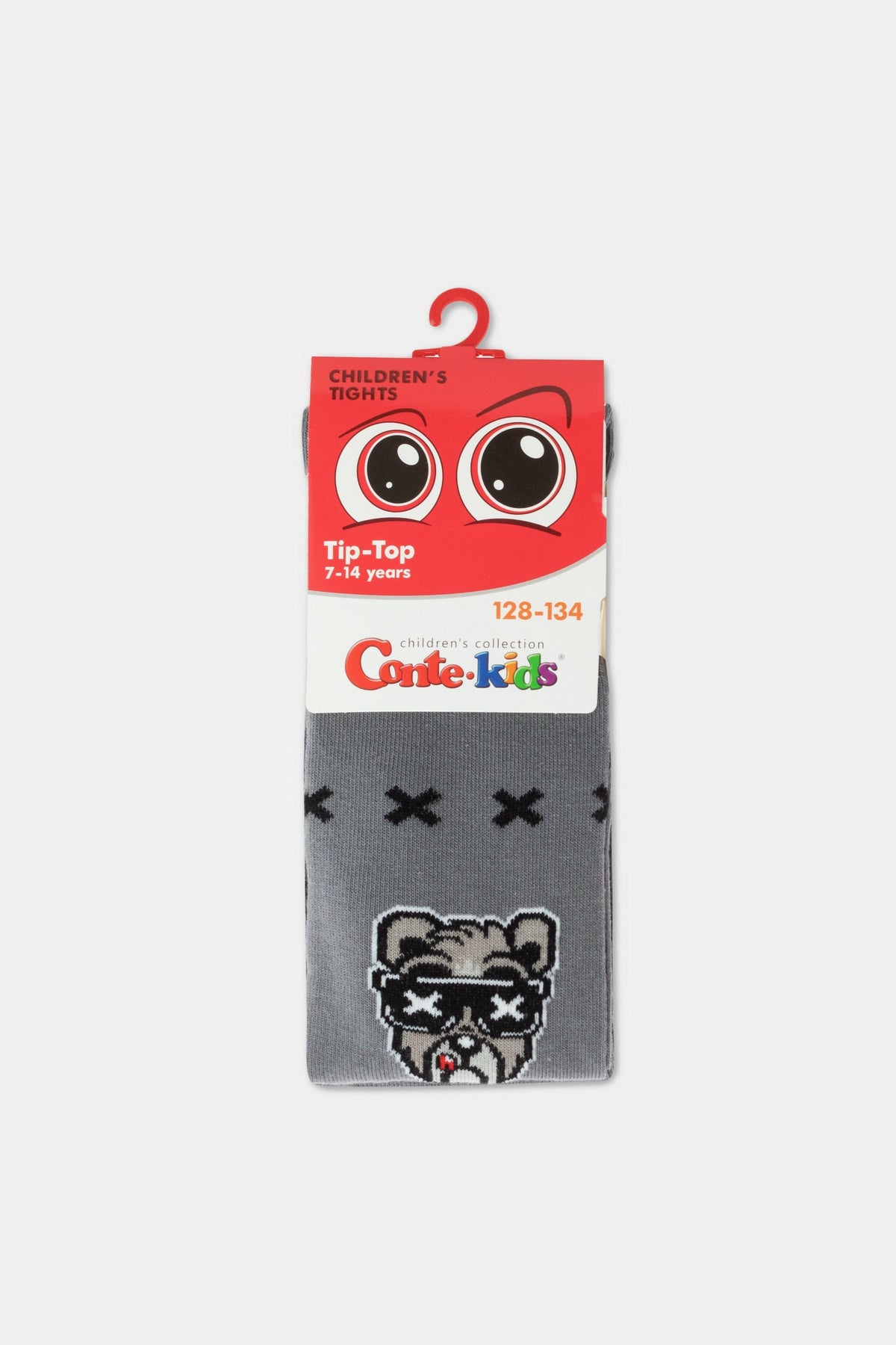 A pair of grey children's tights featuring a cartoon bear wearing sunglasses and cross symbols on a branded packaging card.