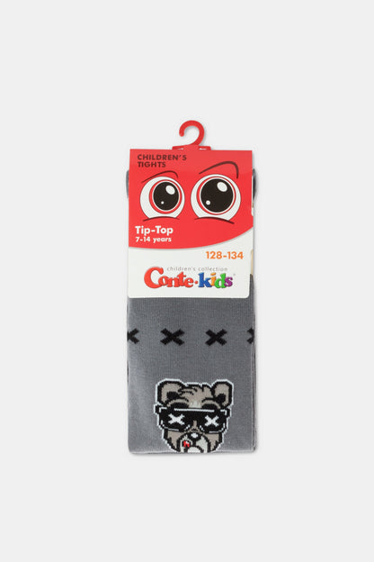 A pair of grey children's tights featuring a cartoon bear wearing sunglasses and cross symbols on a branded packaging card.